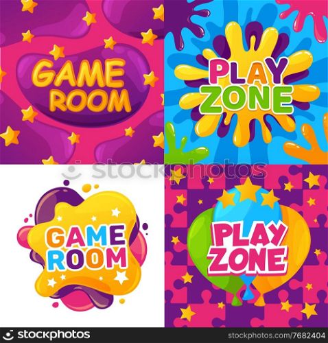 Kids club, game room and play zone cartoon vector design. Child education, fun and entertainment activities, toy party and playground invitation flyers with colorful paint splatters, balloons, stars. Kids club, game room, play zone, child education