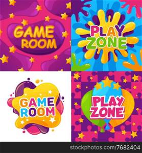 Kids club, game room and play zone cartoon vector design. Child education, fun and entertainment activities, toy party and playground invitation flyers with colorful paint splatters, balloons, stars. Kids club, game room, play zone, child education
