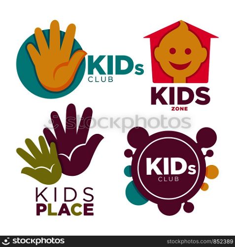 Kids club with entertainments bright promotional emblems set isolated cartoon flat vector illustration on white background. Childrens zone logotypes with human hands, funny faces and half moon.. Kids place with entertainments bright promotional emblems set isolated cartoon flat vector illustration on white background