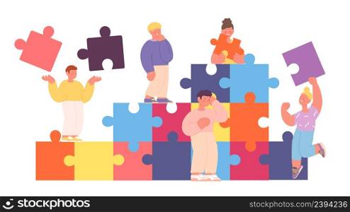Kids collect puzzle shapes. Happy and thoughtful children with jigsaw pieces, childish teamwork or collaboration. Kindergarten educational play vector concept. Education puzzle game logic illustraton. Kids collect puzzle shapes. Happy and thoughtful children with jigsaw pieces, childish teamwork or collaboration. Kindergarten educational play vector concept