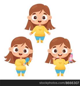 kids collection. Cute girl brushes her teeth and combing her hair with comb. Concept of hygiene, personal care and beauty. Vector illustration in cartoon style for design, decor, print