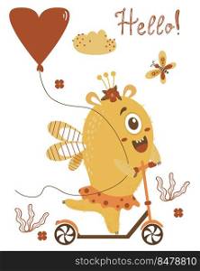 Kids collection. Cute yellow monster girl rides a scooter with a balloon. Vector illustration. For childrens postcards, design, decor and printing
