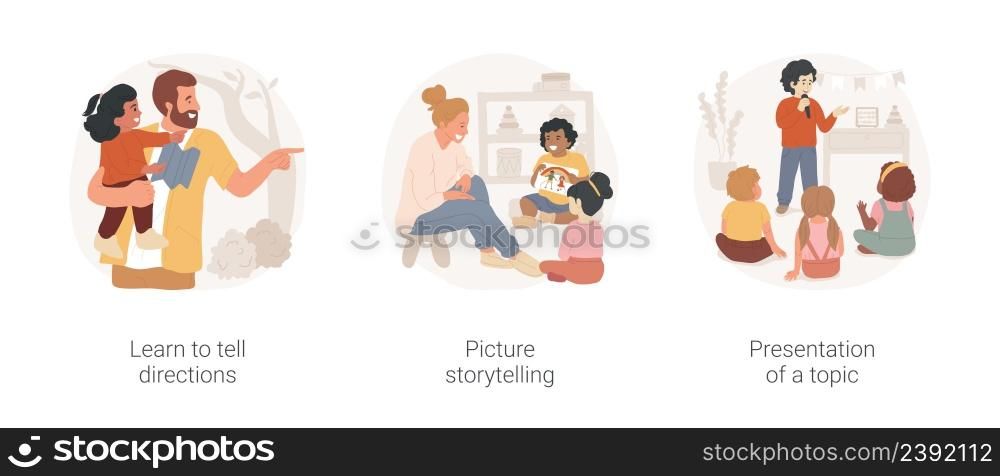Kids communication skills isolated cartoon vector illustration set. Learn to tell directions, picture storytelling, presentation of a topic, early education, public speech, daycare vector cartoon.. Kids communication skills isolated cartoon vector illustration set.