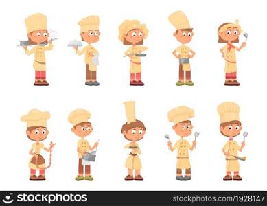 Kids cooking. Chef child, kid cook cartoon characters. Funny emotional children, professional waiter. Isolated kitchen team decent vector set. Illustration of character girl and boy chef cook. Kids cooking. Chef child, kid cook cartoon characters. Funny emotional children, professional waiter. Isolated kitchen team decent vector set