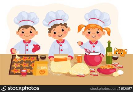 Kids cooking. Happy little chef characters. Joint food preparation process. Boys and girls prepare biscuits. Cookies making. Funny children in caps bake gingerbreads and roll out dough. Vector concept. Kids cooking. Little chef characters. Joint food preparation process. Boys and girls prepare biscuits. Cookies making. Children in caps bake gingerbreads and roll out dough. Vector concept