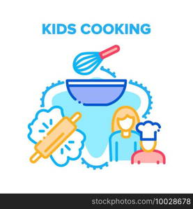 Kids Cooking Vector Icon Concept. Kids Cooking And Preparing Dough And Cream, Bake Cookies And Cake Dessert In Kitchen With Mother Woman. Cook Educational Lesson Color Illustration. Kids Cooking Vector Concept Color Illustration