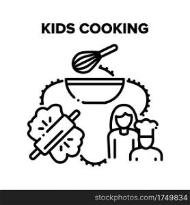 Kids Cooking Vector Icon Concept. Kids Cooking And Preparing Dough And Cream, Bake Cookies And Cake Dessert In Kitchen With Mother Woman. Cook Educational Lesson Black Illustration. Kids Cooking Vector Black Illustrations