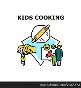 Kids Cooking Vector Icon Concept. Kids Cooking Dish With Mother, Crashing Egg And Rolling Dough With Wooden Pin Kitchen Utensil. Children Education For Prepare Food Meal Color Illustration. Kids Cooking Vector Concept Color Illustration