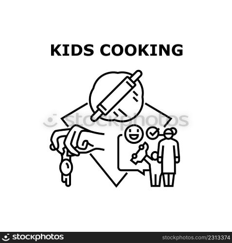 Kids Cooking Vector Icon Concept. Kids Cooking Dish With Mother, Crashing Egg And Rolling Dough With Wooden Pin Kitchen Utensil. Children Education For Prepare Food Meal Black Illustration. Kids Cooking Vector Concept Black Illustration