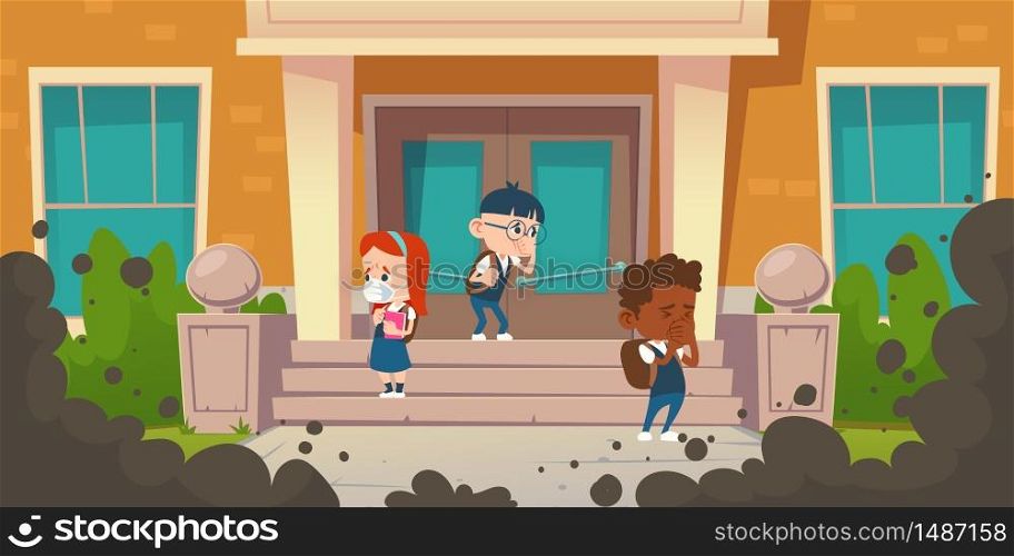 Kids cough from air pollution. Black smog clouds in front of school. Vector cartoon illustration of urban scene with children suffering from smoke, toxic gases or road dust on city street. Kids cough from air pollution in front of school