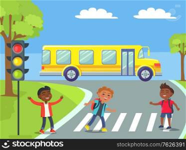 Kids crossing street on pedestrian in urban city. Smiling boy with backpacks on crosswalk with traffic light and modern yellow school bus riding on background vector. Back to school concept. Flat cartoon. Schoolchildren Crossing Road on Pedestrian Vector
