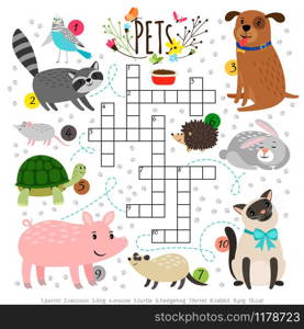 Kids crosswords with pets. Children crossing word search puzzle with pats animals like cat and dog, turtle and hare vector illustration. Kids crosswords with pets. Children crossing word search puzzle with pats animals like cat and dog, turtle and hare