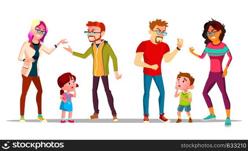 Kids Crying Because Parents Are Divorcing Vector. Angry Characters Husband And Wife Quarrel And Divorcing, Unhappy Children Boy And Girl Saddened. Family Conflict Flat Cartoon Illustration. Kids Crying Because Parents Are Divorcing Vector