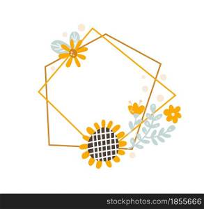 Kids Cute Polygon frame with bee and spoon, jar of honey with bouquet of flowers wreath summer. Baby scandinavian style vector polygon illustration with place for text.. Kids Cute Polygon frame with bee and spoon, jar of honey with bouquet of flowers wreath summer. Baby scandinavian style vector polygon illustration with place for text
