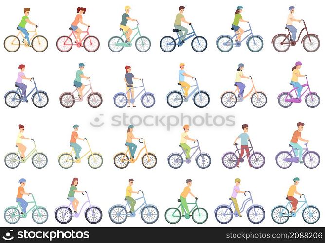 Kids cycling icons set cartoon vector. Kid bike. Active sport. Kids cycling icons set cartoon vector. Kid bike