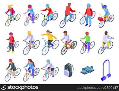 Kids cycling icons set. Isometric set of kids cycling vector icons for web design isolated on white background. Kids cycling icons set, isometric style