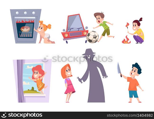 Kids dangerous. Children situation playing risk games with electricity standing near window finger pill attention exact vector dangerous scenes. Illustration of childhood danger and caution dangerous. Kids dangerous. Children situation playing risk games with electricity standing near window finger pill attention exact vector dangerous scenes