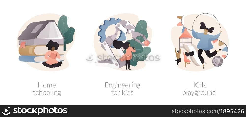 Kids development abstract concept vector illustration set. Home schooling, engineering for kids, outdoor playground, education plan, fun learning activities, play area, having fun abstract metaphor.. Kids development abstract concept vector illustrations.