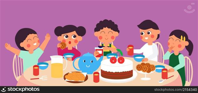 Kids dinner. Children eat rice, school lunch. Cute cartoon toddlers sitting at round table with healthy food. Holiday breakfast decent vector scene. Illustration of child eat breakfast. Kids dinner. Children eat rice, school lunch. Cute cartoon toddlers sitting at round table with healthy food. Holiday breakfast decent vector scene