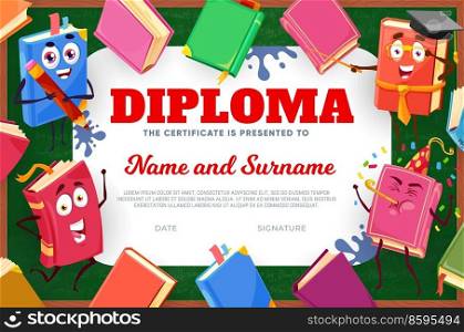 Kids diploma, bestseller books and textbook cartoon characters, vector certificate appreciation award. School or kindergarten children diploma award with funny books in graduation hat and bookmarks. Kids diploma, bestseller books or textbooks, award