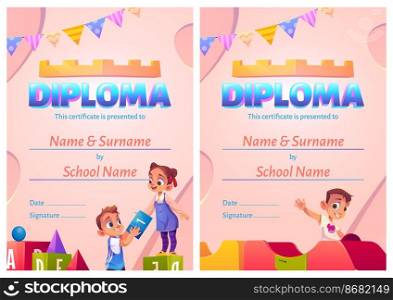 Kids diploma, cartoon certificate with children fun in playroom. Kindergarten, preschool graduation, educational award frame with holder name and surname. Baby on playground with toys, vector template. Kids diploma, cartoon certificate with children