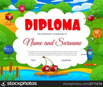 Kids diploma, cartoon cheerful berry characters on summer lake. Certificate or diploma vector award with fruit personages diploma with cherry, honeyberry and blueberry, raspberry and cloudberry. Kids diploma with berry characters on summer lake