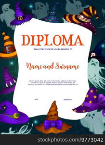 Kids diploma. Cartoon Halloween cobweb with ghosts and witch hats. Child education achievement certificate, school kids graduation award, appreciation diploma vector template with Halloween monsters. Halloween kids diploma with ghosts and witch hats