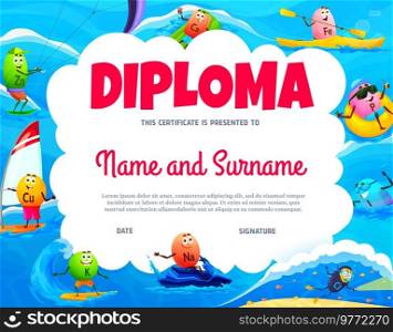 Kids diploma, cartoon vitamin and mineral characters on beach vacations, vector award certificate. School appreciation diploma with funny micronutrient pills, zinc on kitesurfing, iron on kayak. Kids diploma, cartoon vitamins on beach vacations