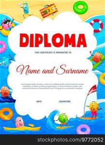 Kids diploma, cartoon vitamin and mineral characters on beach vacations, vector education certificate. Kindergarten appreciation diploma award with iron pill on kayak, calcium and cuprum on surfboard. Kids diploma, cartoon vitamin and mineral on beach