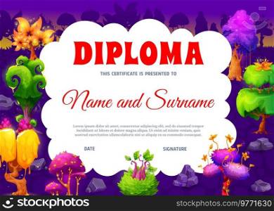 Kids diploma. Fantasy forest, magic alien trees and plants. Elementary school children winner award, kids education achievement diploma or certificate with magic trees, alien planet jungle plants. Kids diploma with fantasy forest magic trees