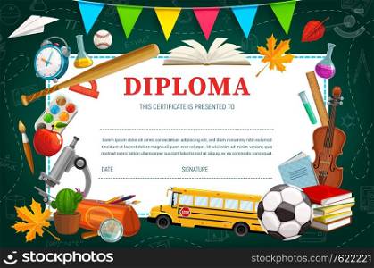 Kids diploma for kindergarten or school, vector shedule template. Education certificate with sport inventory, music and scientific instruments, books and copybook, pencil case and school bus. Kids diploma for kindergarten or school