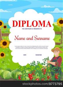 Kids diploma for young farmer, field and garden. Vector certificate for achievement in gardening and farming works, invitation for farm fair or market. Cartoon award frame template with old villager. Kids diploma for young farmer, field and garden