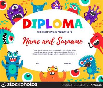 Kids diploma, funny monster characters. Education award frame template, vector school, summer c&or kindergarten certificate. First place trophy with cartoon alien monsters or Halloween creatures. Kids diploma with funny monster characters