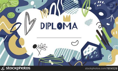 Kids diploma. Graduate certificate, modern award. School, college or workshop banner for students vector illustration. Graduation certificate and document, celebration and graduate achievement. Kids diploma. Graduate certificate, modern doodle award print template. School, college or workshop banner for students vector illustration