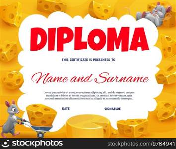 Kids diploma, maasdam, emmental cheese and cartoon mouse, vector education certificate. School appreciation diploma award with cheese heads and mice with wheelbarrow, kindergarten achievement award. Kids diploma, maasdam, emmental cheese and mouse