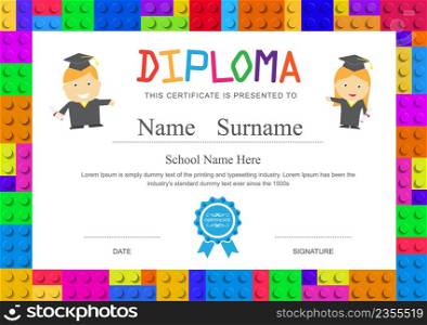 Kids diploma preschool elementary school design certificate background template