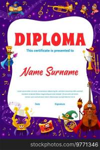 Kids diploma. Sound and music waves, wizard and fairy musical instrument characters. Kids achievement award certificate or diploma with funny drum, trumpet and maraca, flute, lyre, horn and trombone. Kids diploma with funny wizard musical instruments