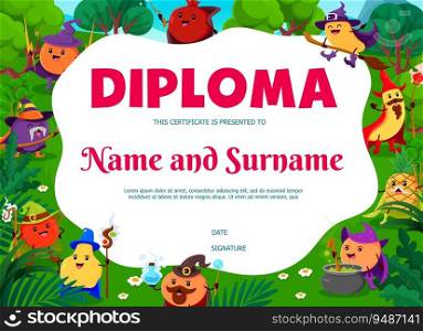 Kids diploma with cartoon Halloween fruit wizards and mages. Education school certificate vector template with funny peach, banana, pineapple and garnet, orange with quince, apple, plum and mango wizs. Kids diploma with cartoon Halloween fruit wizards
