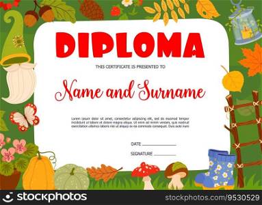 Kids diploma with gnome items, autumn leaves, plants and garden tools. Vector certificate with dwarven hat, beard, boots and lantern. Ladder, pumpkin, mushroom and potted flowers education award frame. Kids diploma with gnome items, autumn plants