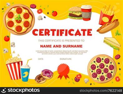 Kids diploma with snacks and drinks. Certificate vector template with pizza, soda drink and hot dog, donuts, sandwich and pop corn on yellow background with place for name and surmane, child diploma. Kids diploma certificate with snacks and drinks