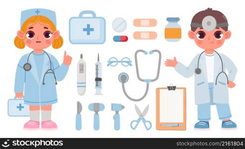 Kids doctor toys, boy and girl in medical uniform. Cartoon stethoscope, syringe, thermometer, pill and plaster for hospital play vector set. Children with medical equipment for treatment. Kids doctor toys, boy and girl in medical uniform. Cartoon stethoscope, syringe, thermometer, pill and plaster for hospital play vector set