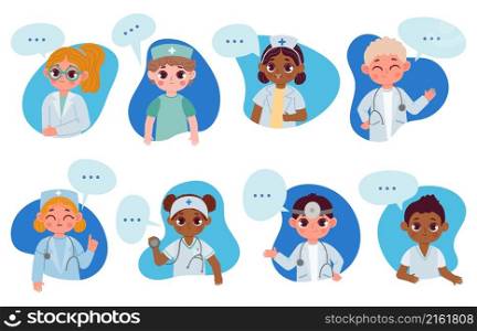 Kids doctors characters with speech bubble, medical health info. Cartoon children nurse, dentist, physician talk about healthcare vector set. Children specialists with speaking balloons. Kids doctors characters with speech bubble, medical health info. Cartoon children nurse, dentist, physician talk about healthcare vector set