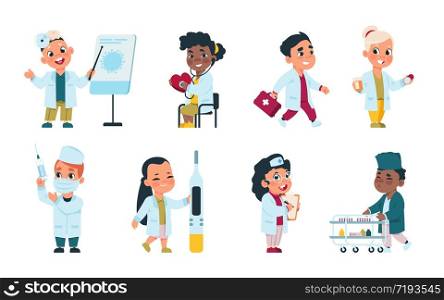 Kids doctors. Cute cartoon characters playing nurses with medical equipment and dressed as doctors. Vector funny children in white clothing play with medicines equipment on white background. Kids doctors. Cute cartoon characters playing nurses with medical equipment and dressed as doctors. Vector funny children in white clothing