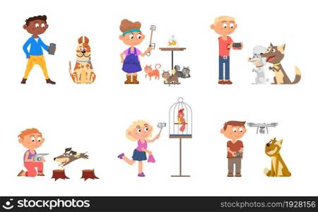 Kids doing photos. Children with pets, cartoon young digital photographers. Isolated cute boy girl with dogs, cats, birds and fish decent vector set. Illustration kids with animal cat and dog. Kids doing photos. Children with pets, cartoon young digital photographers. Isolated cute boy girl with dogs, cats, birds and fish decent vector set