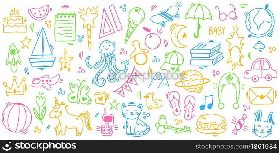 Kids doodle hand drawn cute play elements. Kindergarten children play doodle toys, books, animals vector illustration set. Funny kids symbols. Sketch drawing graphic doodle element by pencil. Kids doodle hand drawn cute play elements. Kindergarten children play doodle toys, books, animals vector illustration set. Funny kids symbols