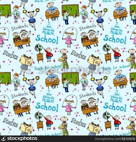 Kids drawing and writing formulas on chalkboard with school accessories background seamless doodle sketch pattern vector illustration