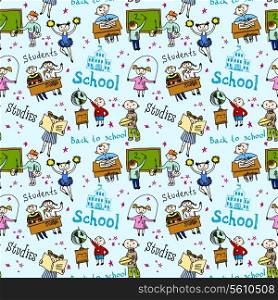Kids drawing and writing formulas on chalkboard with school accessories background seamless doodle sketch pattern vector illustration