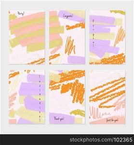 Kids drawing crayon textured strokes.Hand drawn creative invitation or greeting cards template. Anniversary, Birthday, wedding, party, social media banners set of 6. Isolated on layer.