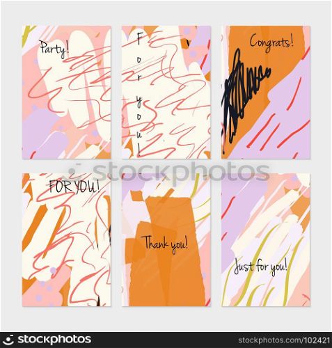 Kids drawing dots circles colorful strokes.Hand drawn creative invitation or greeting cards template. Anniversary, Birthday, wedding, party, social media banners set of 6. Isolated on layer.
