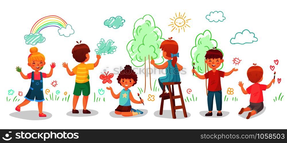 Kids drawing on wall. Childrens group draw color paintings on walls, child paint art or kindergarten kid painting rainbow, trees and clouds. Creative children drawing cartoon vector illustration. Kids drawing on wall. Childrens group draw color paintings on walls, child paint art cartoon vector illustration